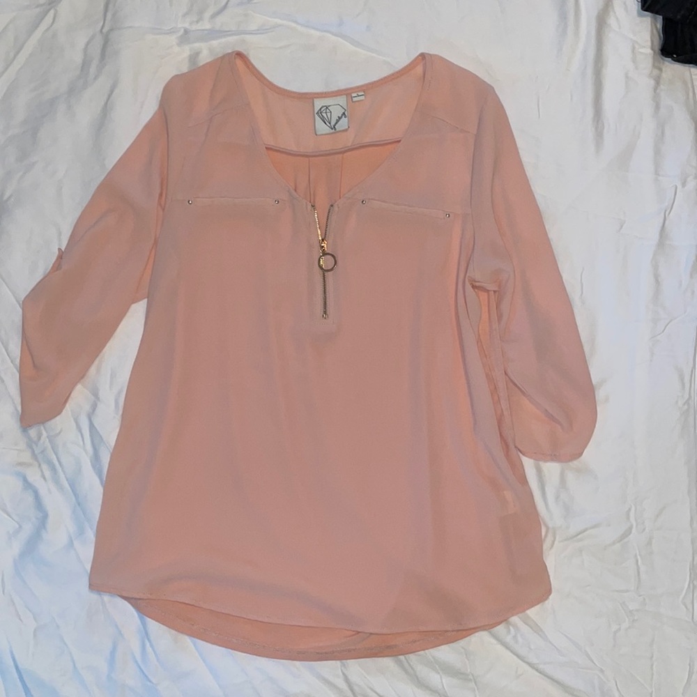 BNWOT- Pink Blouse with zipper detail 3/4 Sleeves Size Large